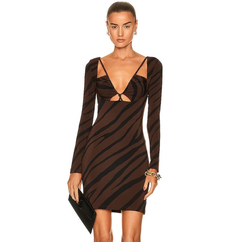 ET OCHS chocolate brown zebra print Aida gathered front mini dress NWT